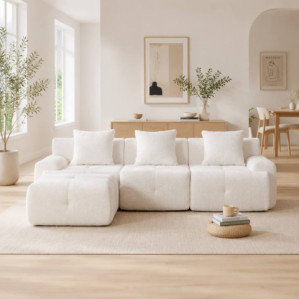 "Serene Cloud" 104.3" Modular Sectional Sofa - 4-Piece L-Shaped Tufted Set in Ivory