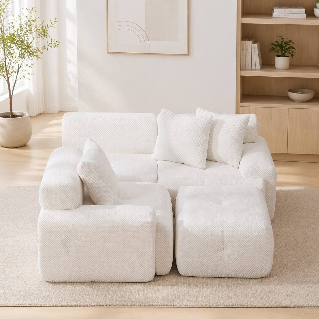 "Serene Cloud" 104.3" Modular Sectional Sofa - 4-Piece L-Shaped Tufted Set in Ivory