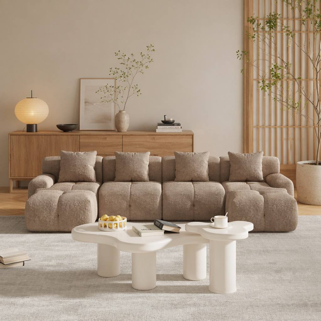 "Serene Cloud" 135.4" Modular Sectional Sofa - 6-Piece U-Shaped Tufted Set in Taupe