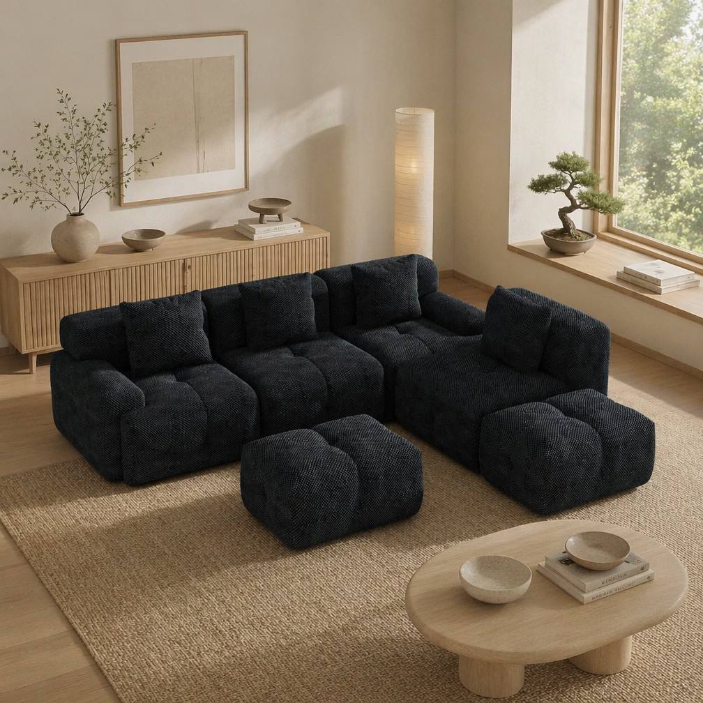 "Serene Cloud" 135.4" Modular Sectional Sofa - 6-Piece U-Shaped Tufted Set in Charcoal