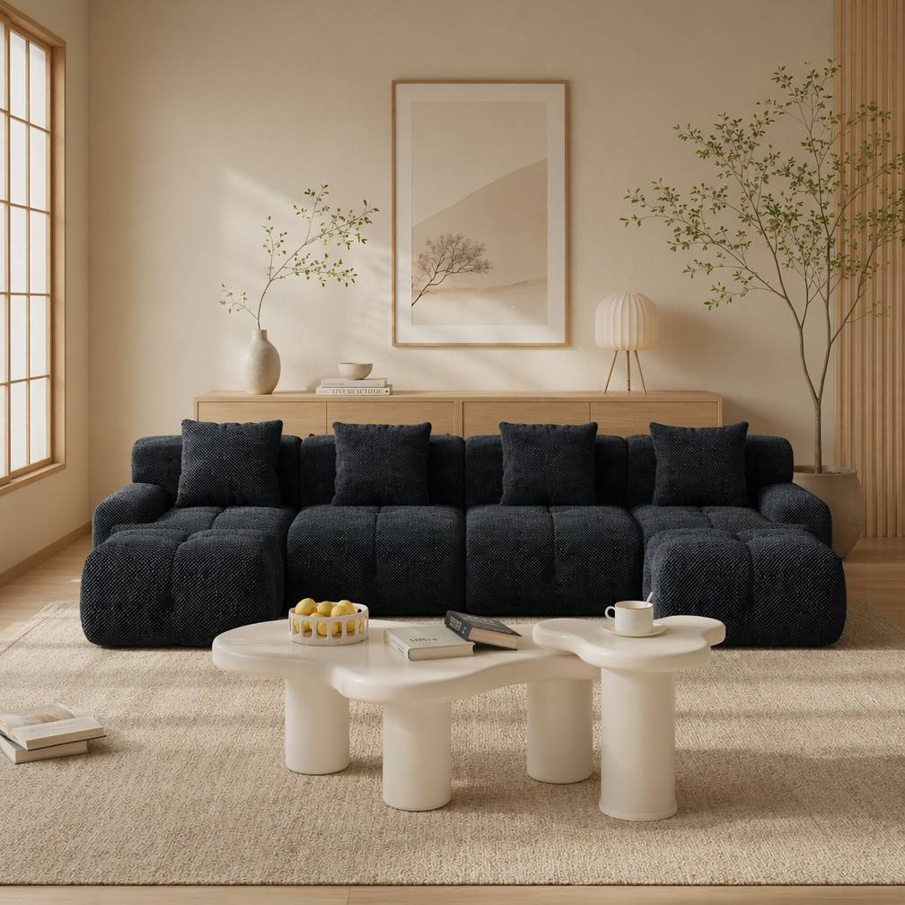 "Serene Cloud" 135.4" Modular Sectional Sofa - 6-Piece U-Shaped Tufted Set in Charcoal