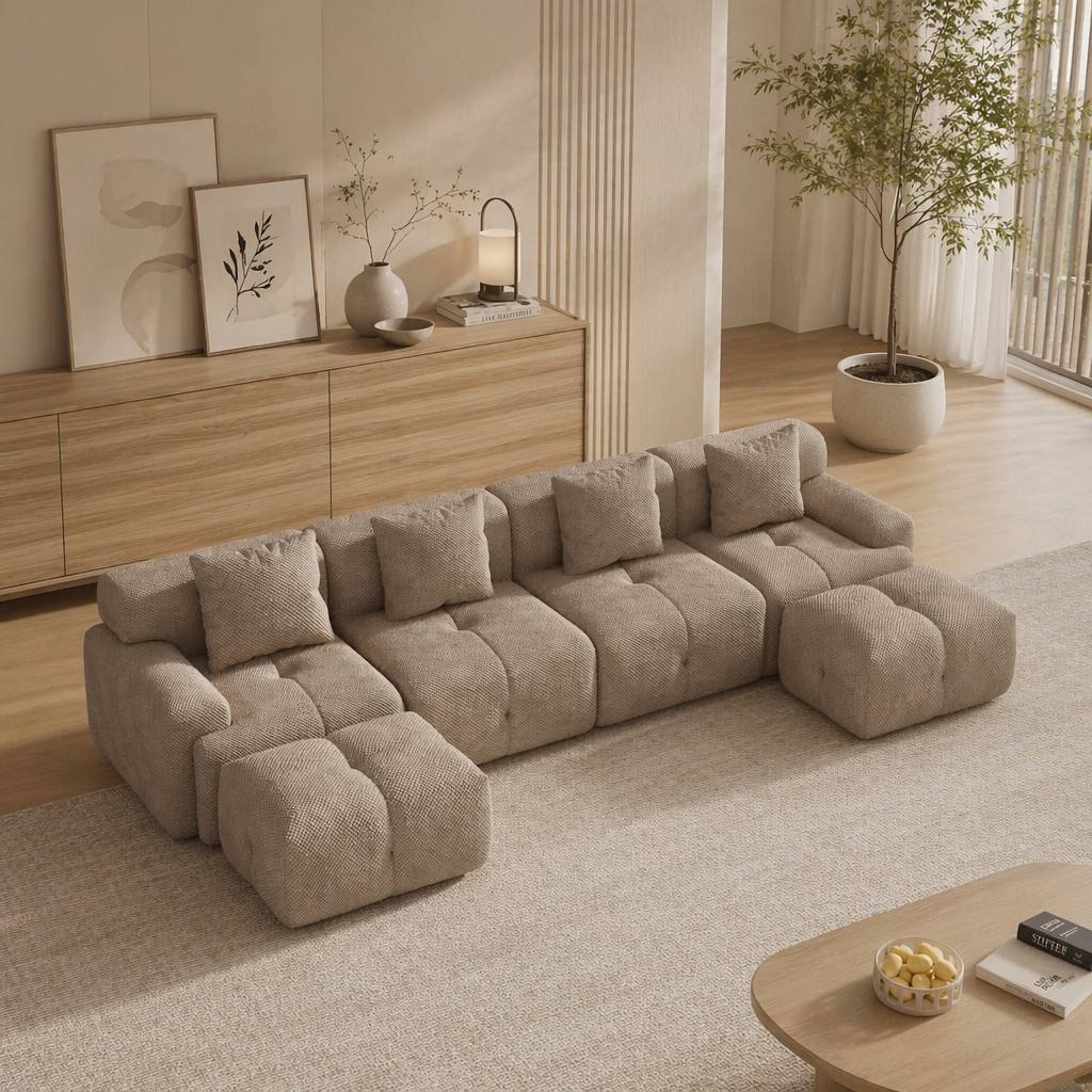 "Serene Cloud" 135.4" Modular Sectional Sofa - 6-Piece U-Shaped Tufted Set in Taupe