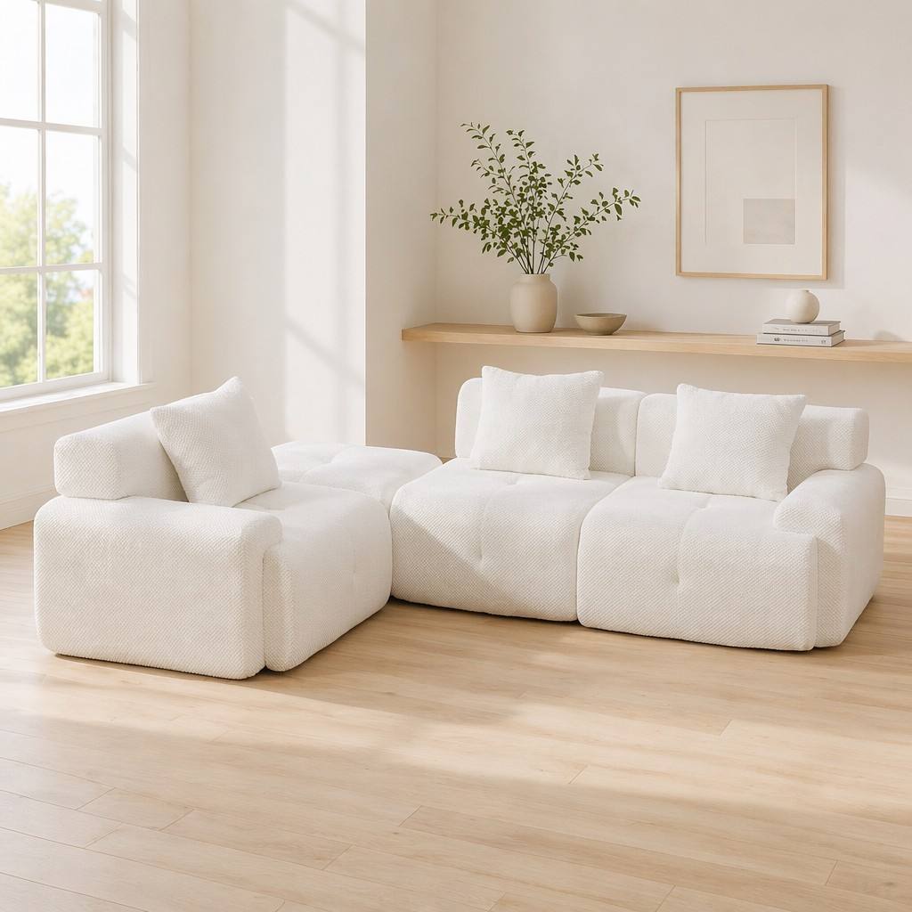 "Serene Cloud" 104.3" Modular Sectional Sofa - 4-Piece L-Shaped Tufted Set in Ivory