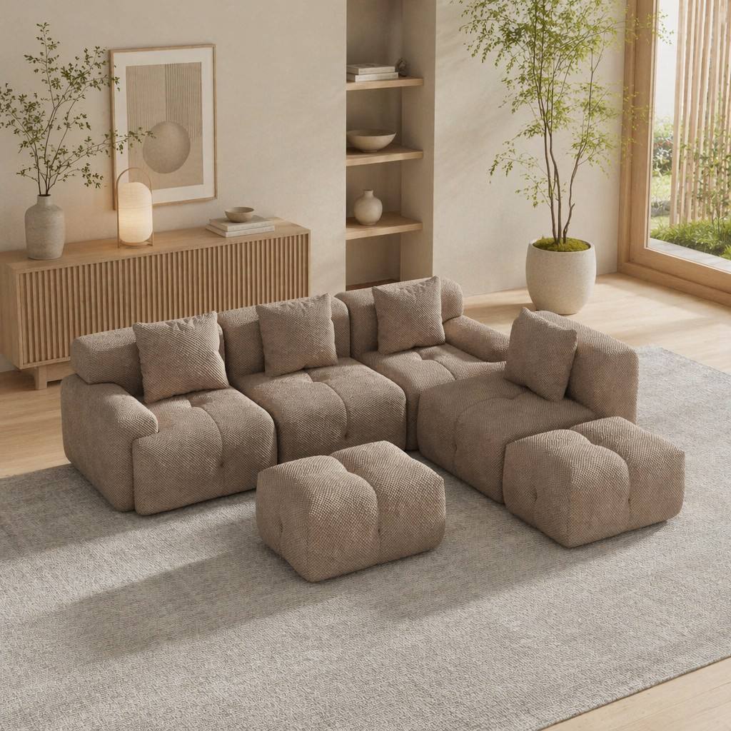 "Serene Cloud" 135.4" Modular Sectional Sofa - 6-Piece U-Shaped Tufted Set in Taupe