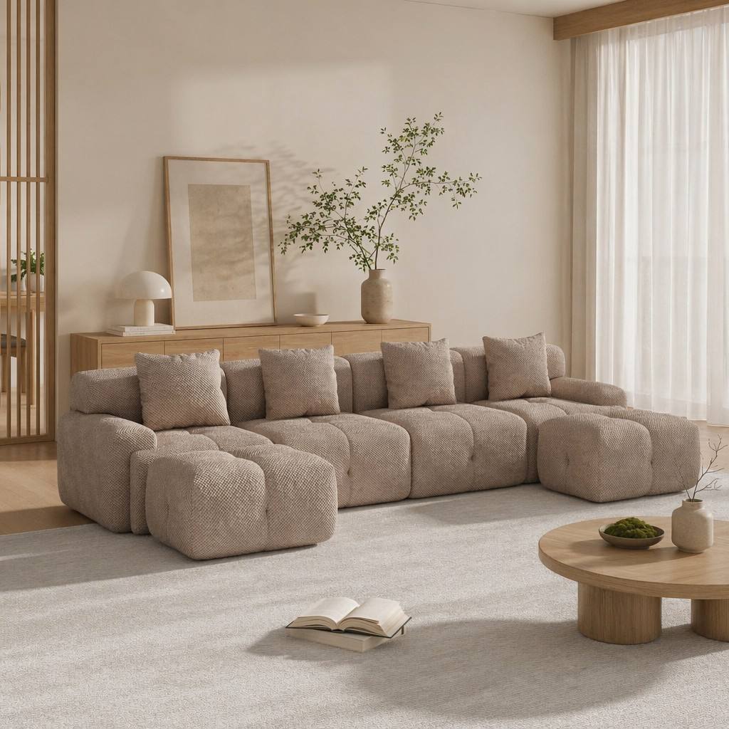"Serene Cloud" 135.4" Modular Sectional Sofa - 6-Piece U-Shaped Tufted Set in Taupe