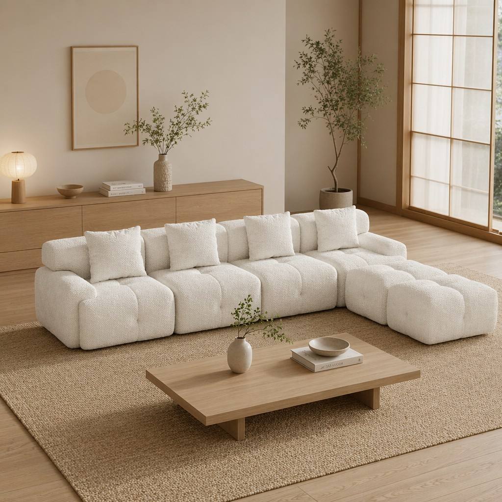 "Serene Cloud" 135.4" Modular Sectional Sofa - 6-Piece U-Shaped Tufted Set in Ivory