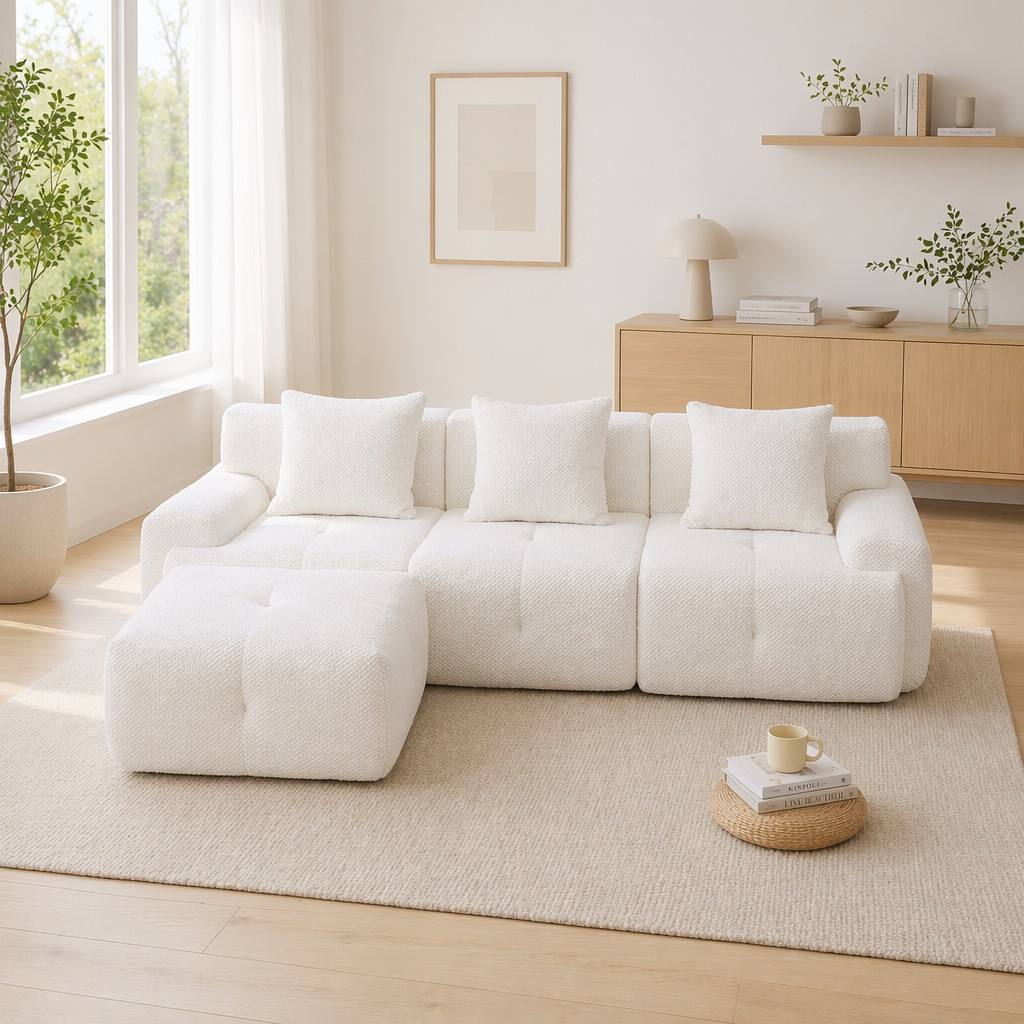 "Serene Cloud" 104.3" Modular Sectional Sofa - 4-Piece L-Shaped Tufted Set in Ivory
