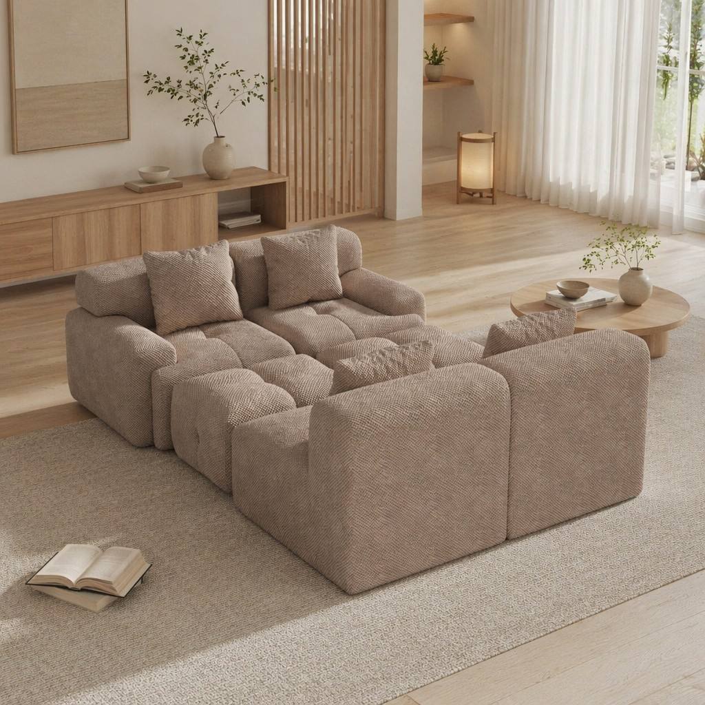 "Serene Cloud" 135.4" Modular Sectional Sofa - 6-Piece U-Shaped Tufted Set in Taupe