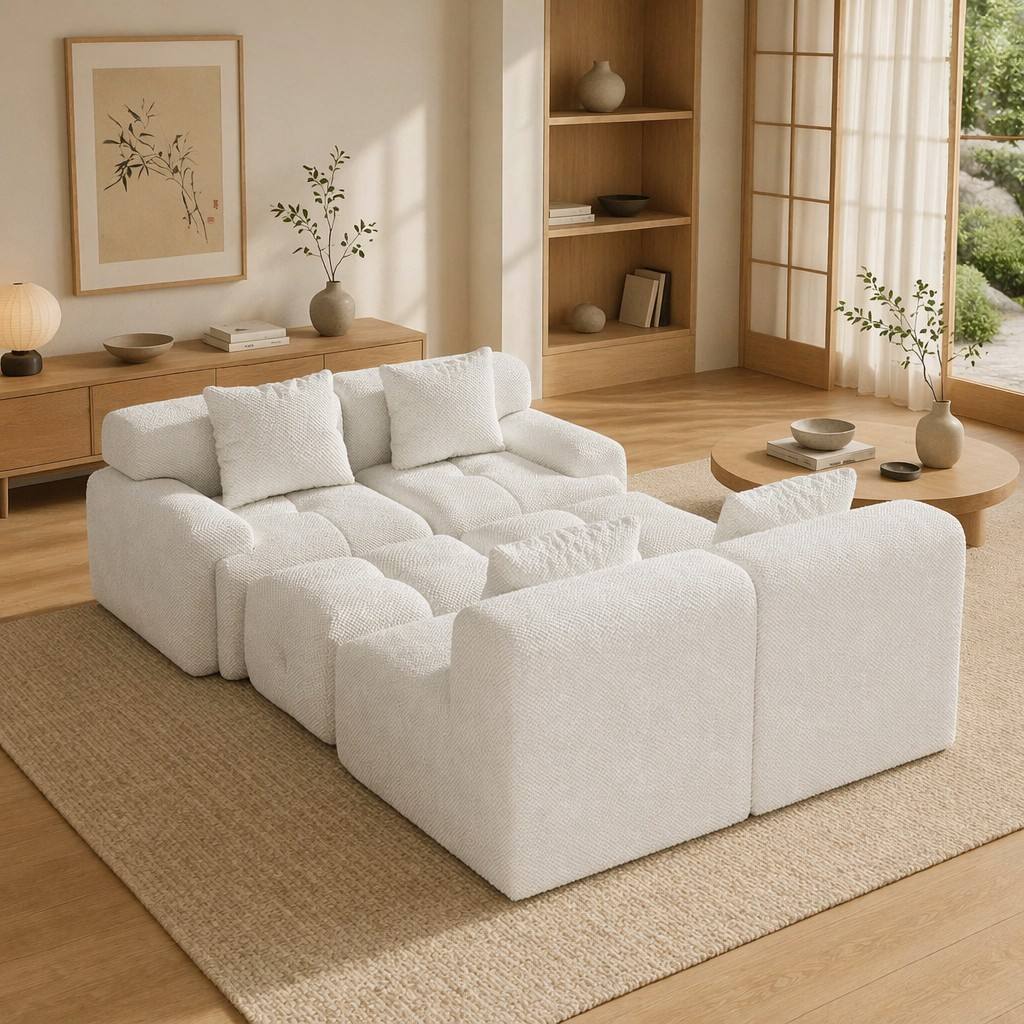 "Serene Cloud" 135.4" Modular Sectional Sofa - 6-Piece U-Shaped Tufted Set in Ivory