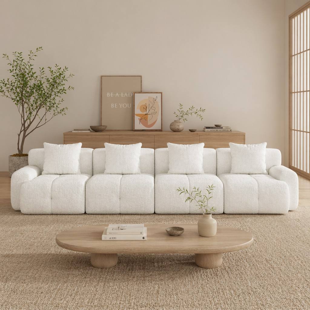 "Serene Cloud" 135.4" Modular Sectional Sofa - 6-Piece U-Shaped Tufted Set in Ivory