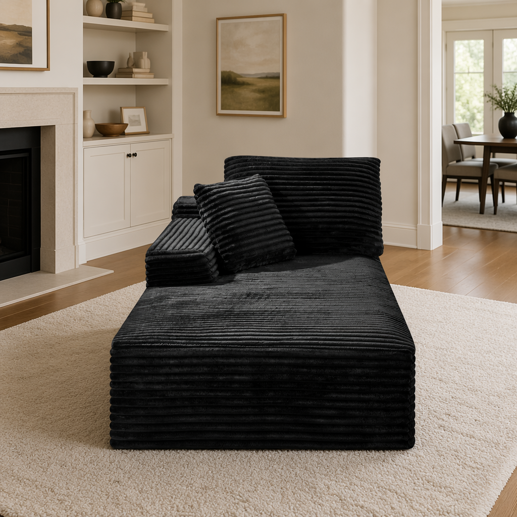 CloudLuxe Plush Corduroy Floor Chaise Lounge - Sleeper Daybed & Accent Chair - Onyx Black