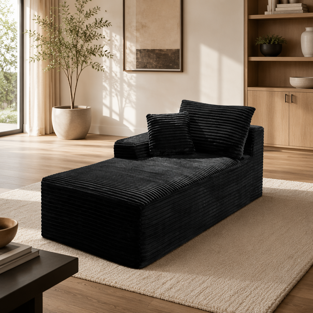 CloudLuxe Plush Corduroy Floor Chaise Lounge - Sleeper Daybed & Accent Chair - Onyx Black