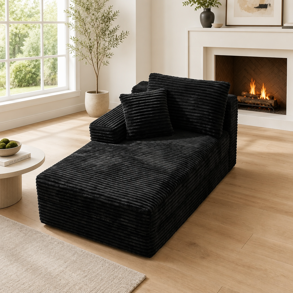 CloudLuxe Plush Corduroy Floor Chaise Lounge - Sleeper Daybed & Accent Chair - Onyx Black