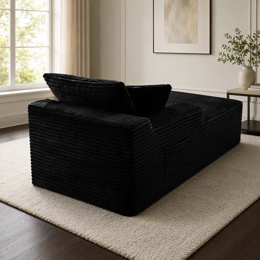 CloudLuxe Plush Corduroy Floor Chaise Lounge - Sleeper Daybed & Accent Chair - Onyx Black