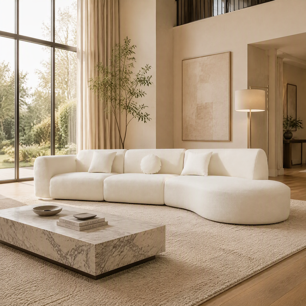 'Ethereal Curve' 140' Modern Curved Sectional Sofa - 3-Piece Frameless Set with Chaise Lounge in Beige