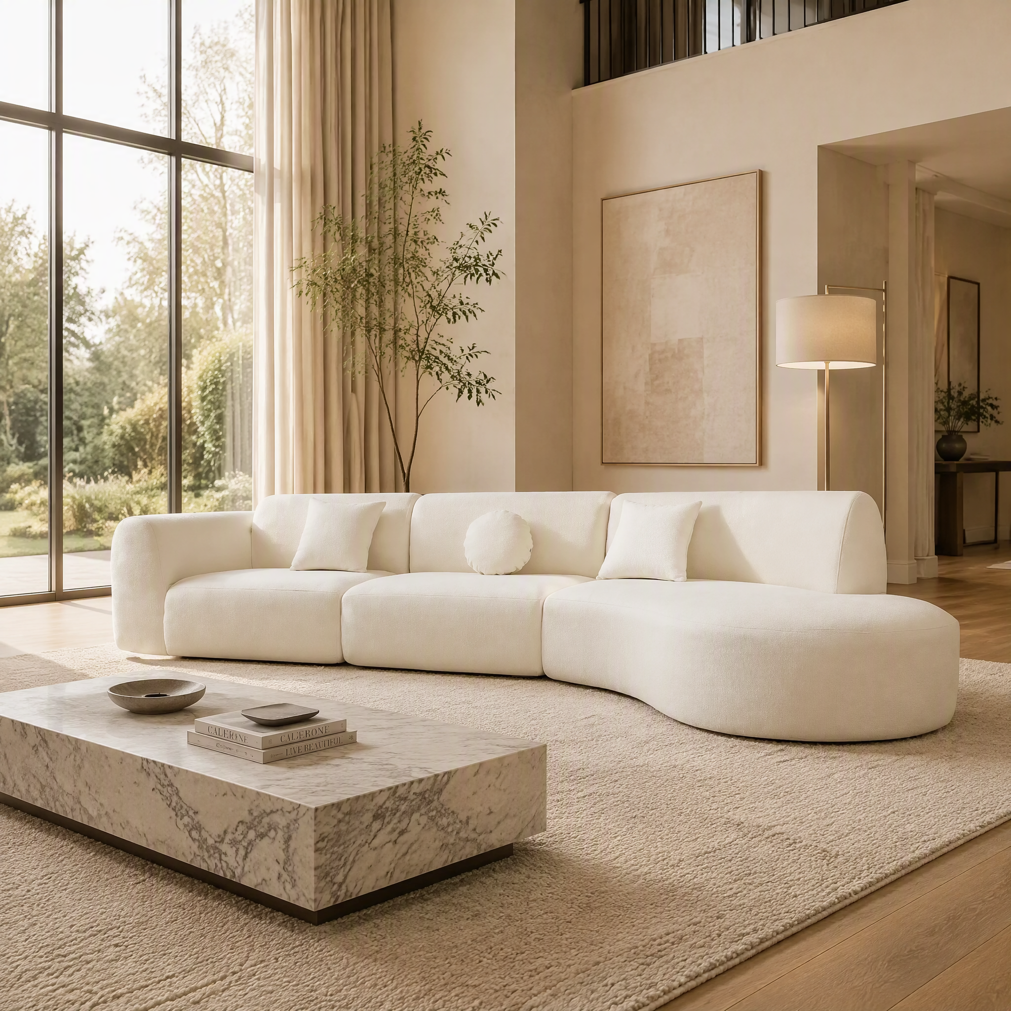 'Ethereal Curve' 140' Modern Curved Sectional Sofa - 3-Piece Frameless Set with Chaise Lounge in Beige
