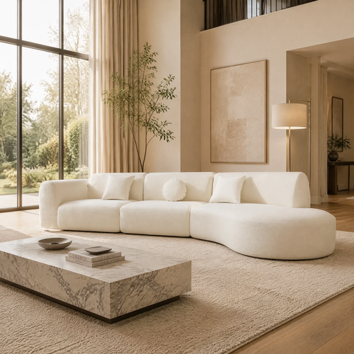 Ethereal Curve 140-inch modern curved sectional sofa side view in Beige