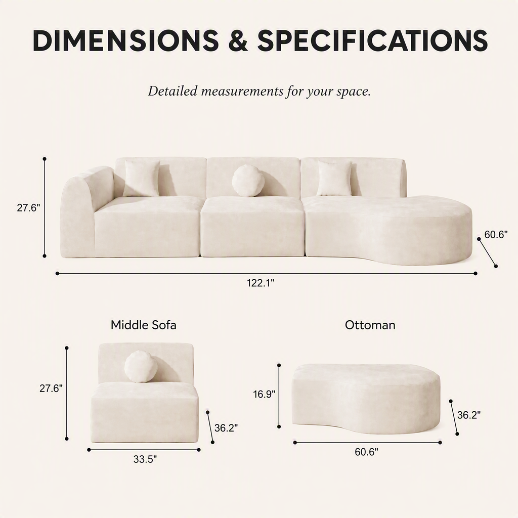 'Ethereal Curve' 140' Modern Curved Sectional Sofa - 3-Piece Frameless Set with Chaise Lounge in Beige