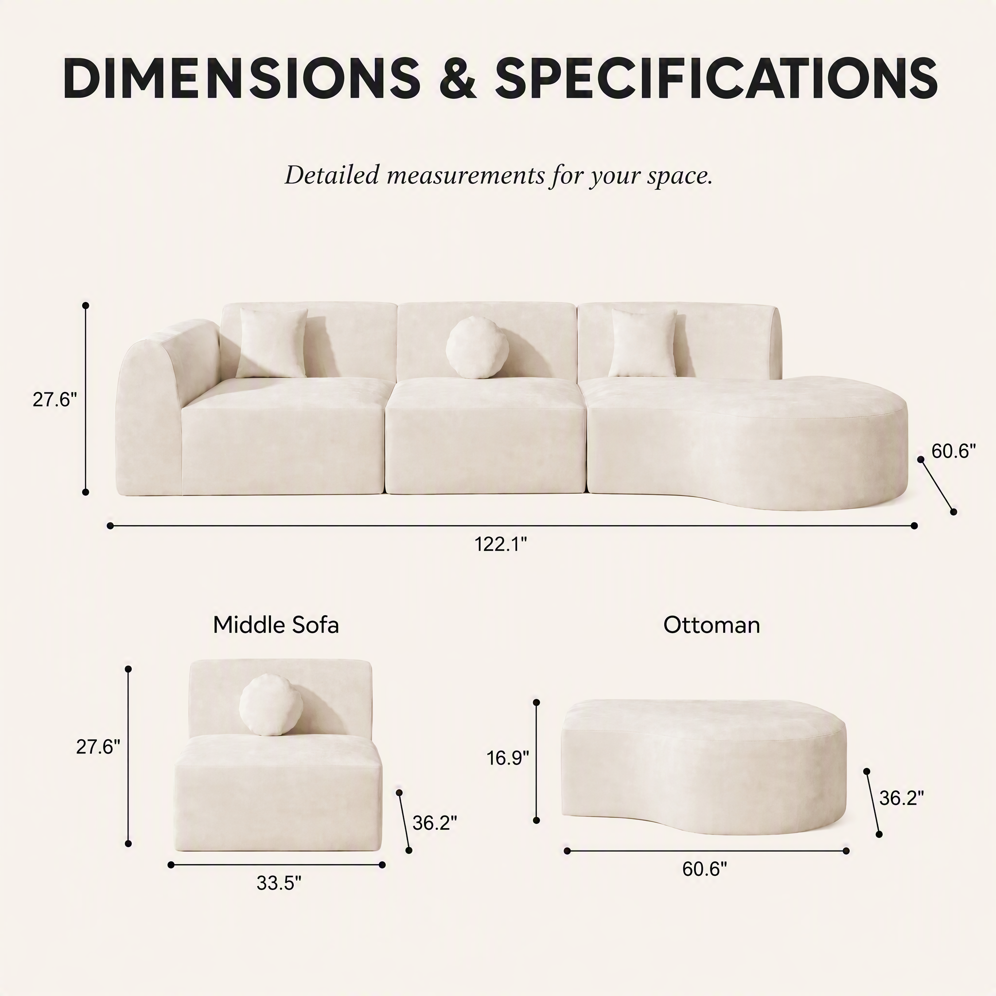 'Ethereal Curve' 140' Modern Curved Sectional Sofa - 3-Piece Frameless Set with Chaise Lounge in Beige