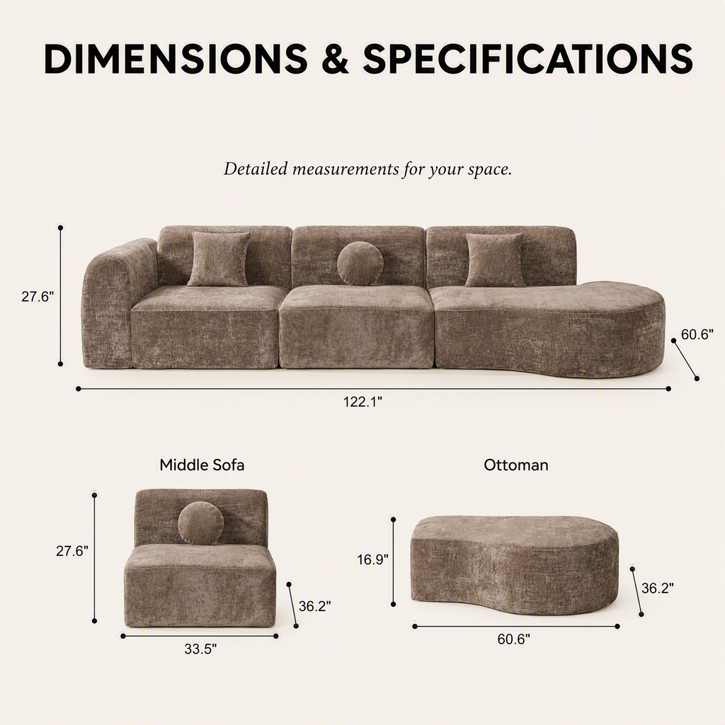 'Ethereal Curve' 140' Modern Curved Sectional Sofa - 3-Piece Frameless Sponge Set in Brown