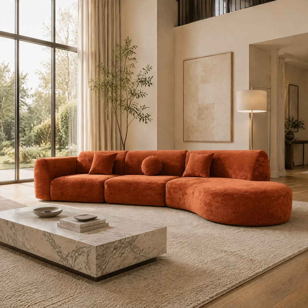 'Ethereal Curve' 140' Modern Curved Sectional Sofa - 3-Piece Frameless Sponge Set in Orange