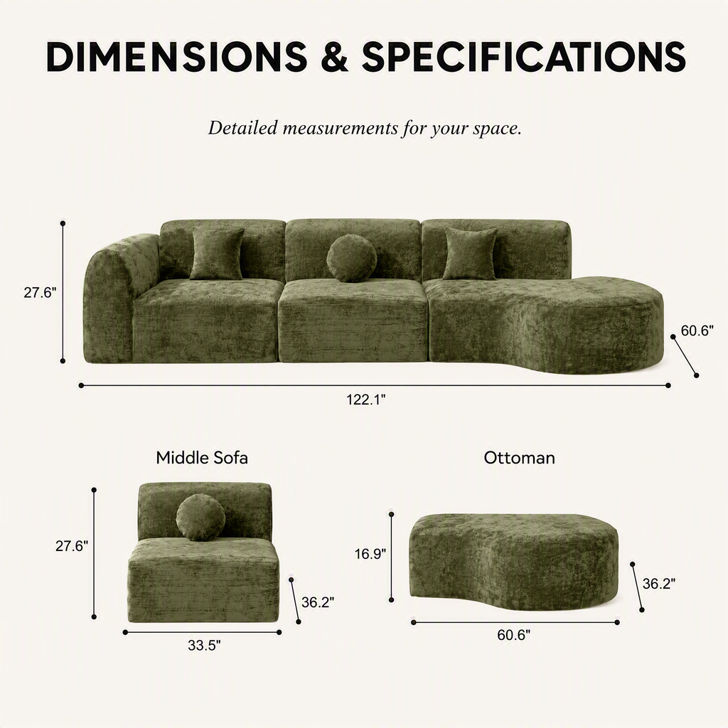'Ethereal Curve' 140' Modern Curved Sectional Sofa - 3-Piece Frameless Set with Chaise Lounge in Olive Green