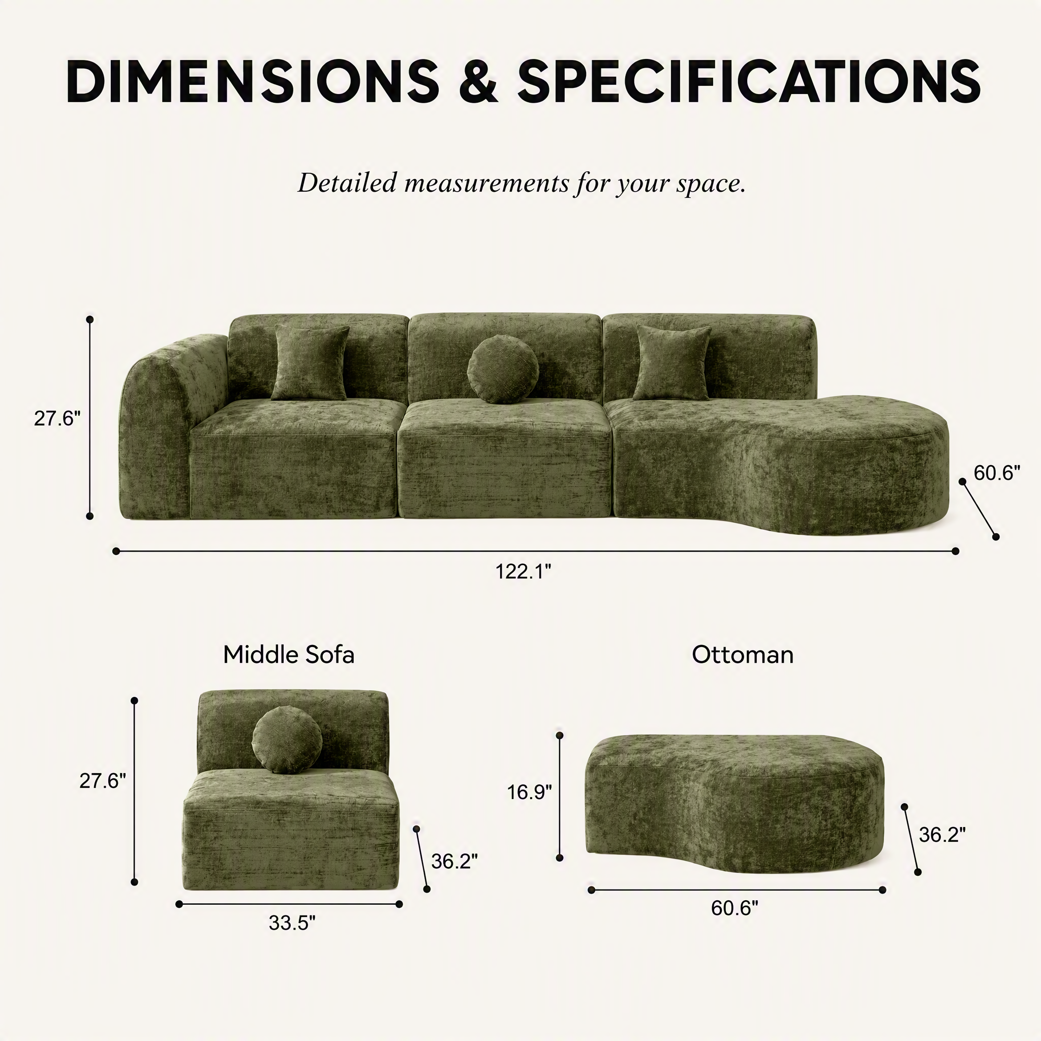 'Ethereal Curve' 140' Modern Curved Sectional Sofa - 3-Piece Frameless Set with Chaise Lounge in Olive Green