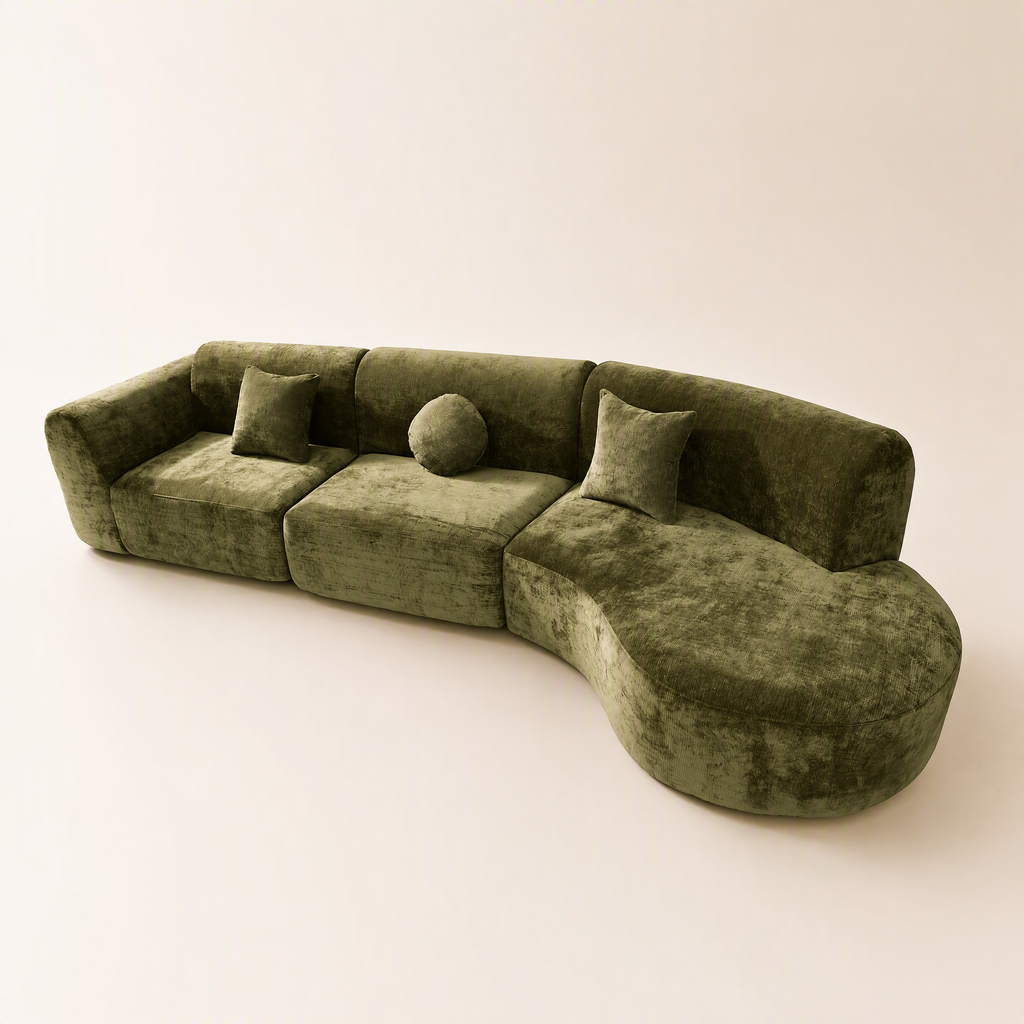 'Ethereal Curve' 140' Modern Curved Sectional Sofa - 3-Piece Frameless Set with Chaise Lounge in Olive Green
