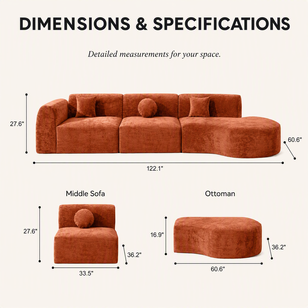 'Ethereal Curve' 140' Modern Curved Sectional Sofa - 3-Piece Frameless Sponge Set in Orange