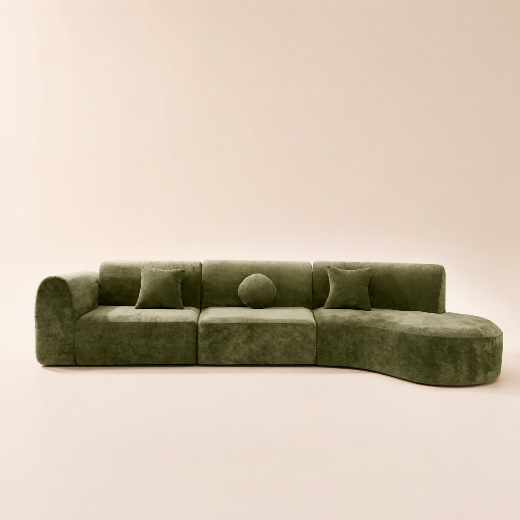 'Ethereal Curve' 140' Modern Curved Sectional Sofa - 3-Piece Frameless Set with Chaise Lounge in Olive Green