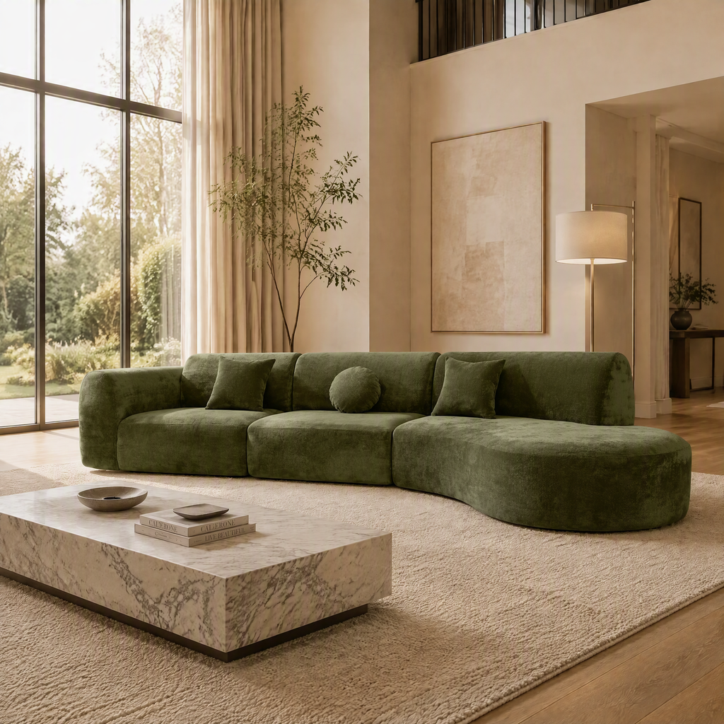 'Ethereal Curve' 140' Modern Curved Sectional Sofa - 3-Piece Frameless Set with Chaise Lounge in Olive Green